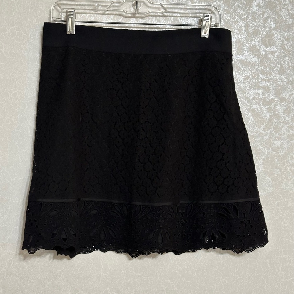Ann Taylor Loft Black Lace Skirt A-Line Eyelet Mini Skater Lined Petite Sz 8P